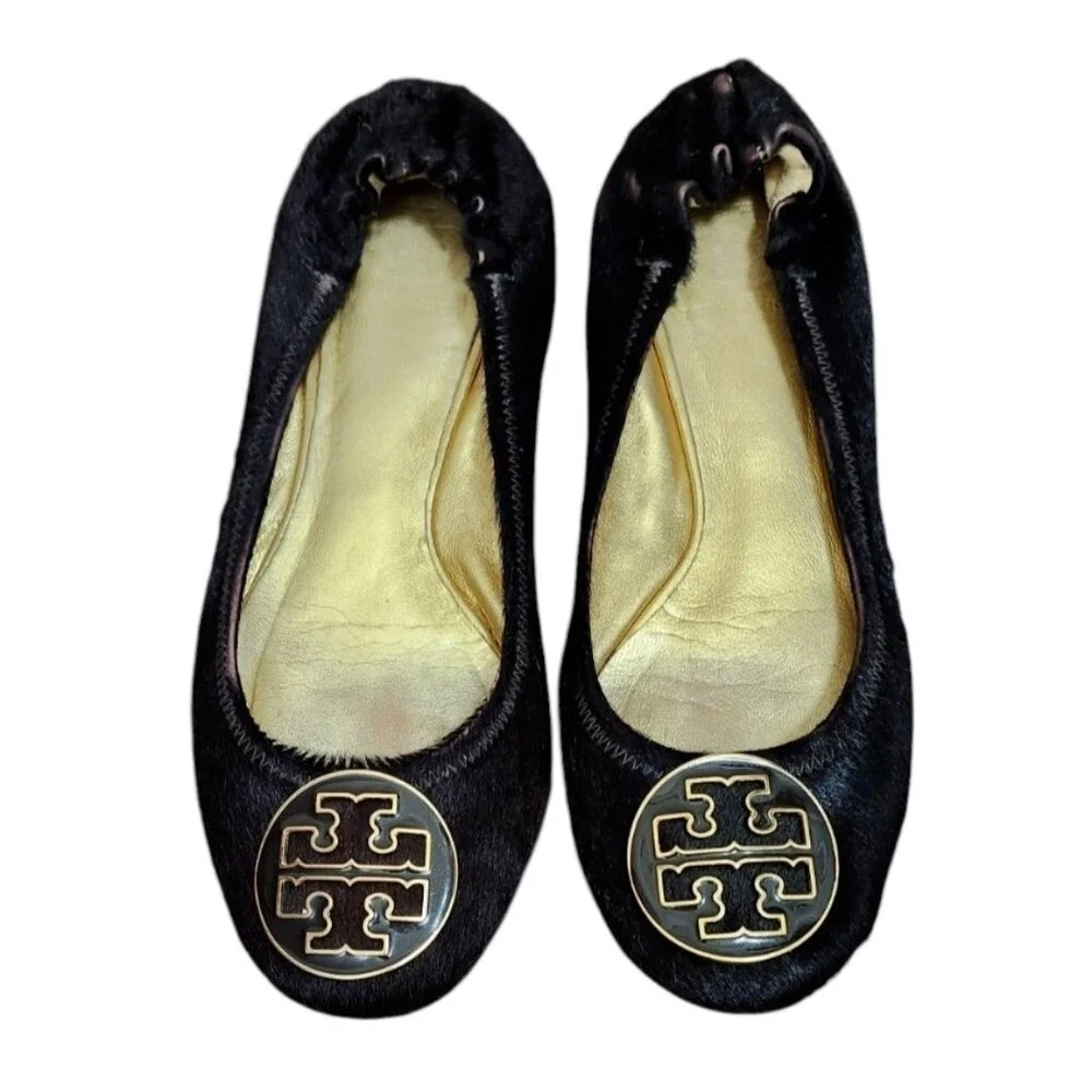 Tory Burch Reva Brown Gold Animal Fur Ballet Flat Womens Size 7 Slip On Ballet